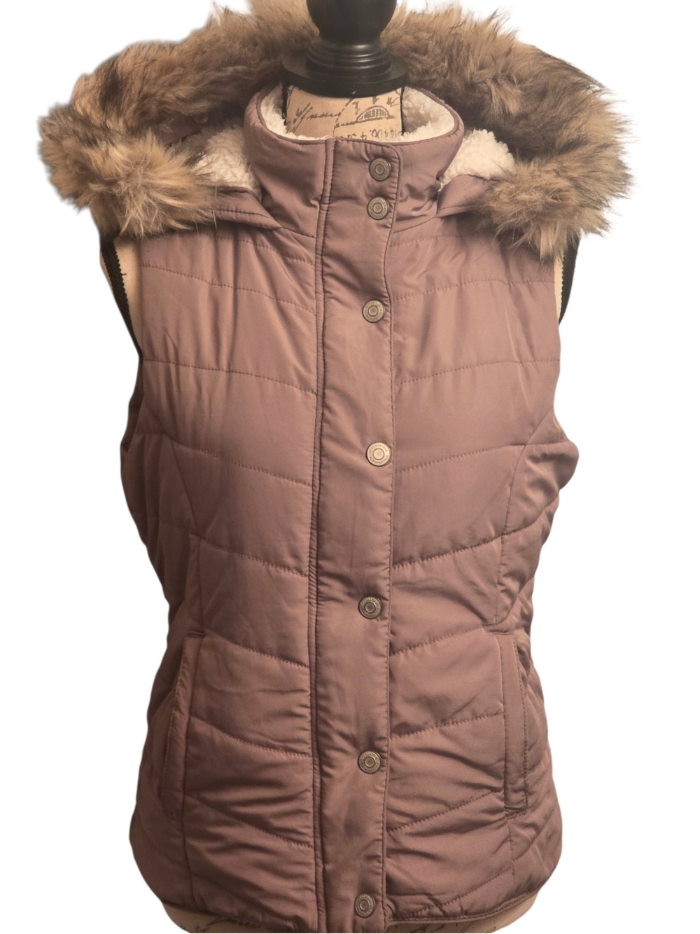 Aeropostale Quilted Faux-Fur Hooded Puffer Vest - Mauve Pink Medium Euc
